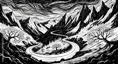 Winding road through mountainous landscape with bare trees.