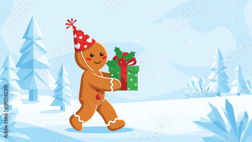 Happy gingerbread man wearing a red party hat and carrying a green christmas gift through a snowy winter landscape.