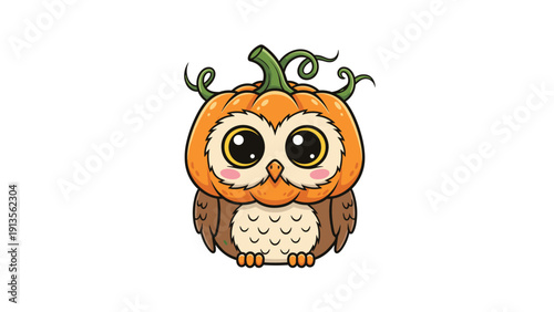 Cute cartoon owl wearing a carved pumpkin as a hat on a plain white background for Halloween and autumnal celebrations.