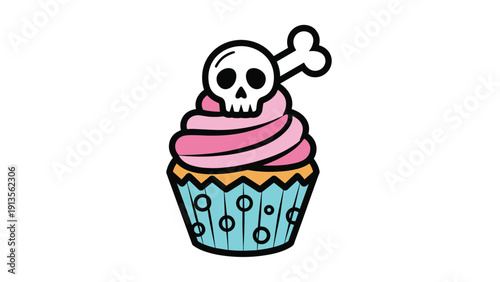 Pink frosted cupcake decorated with a white skull and bone topper for spooky Halloween parties and sweet treat themes.