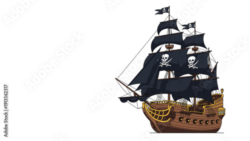 Large wooden pirate ship with multiple black sails featuring skull and crossbones designs on a clean white background.