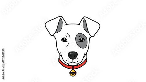 Simple illustration of a white dog head with a gray spot on its eye and a red collar with a golden bell for pet themes.
