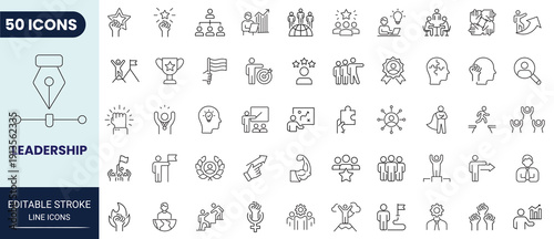 Leadership and team management icon set in outline style for corporate strategy, organizational development, and business growth concepts. Editable stroke vector illustration.