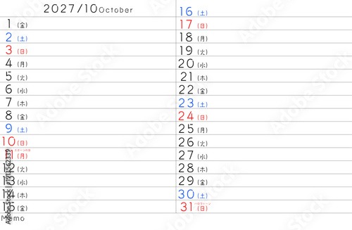 2027年シンプルカレンター　10月　曜日日本語