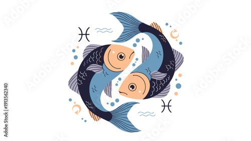 Pisces zodiac sign illustration featuring two fish swimming in a circle with bubbles and astrological symbols for horoscopes.