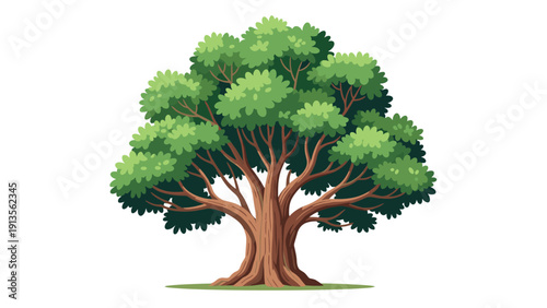 Majestic large oak tree with thick brown branches and lush green foliage standing alone on a small patch of grass.