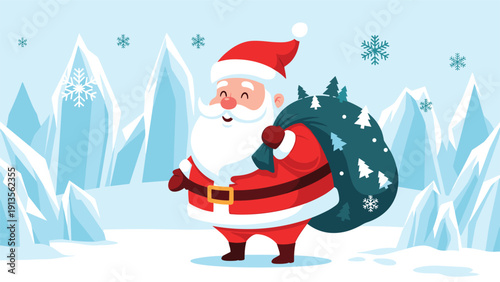 Jolly santa claus wearing his red suit and carrying a large green sack of gifts in a snowy arctic mountain landscape.