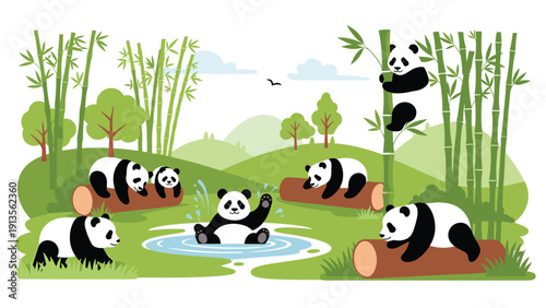 Group of playful giant pandas enjoying their time in a lush green bamboo forest with rolling hills and blue water.