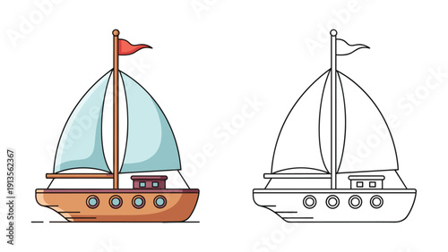 Educational sailboat illustration showing both a colorful version and a black and white outline for kids to color.