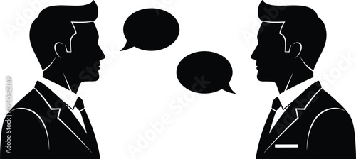 Two businessmen in silhouette facing each other with speech bubbles above their heads symbolizing communication and dialogue