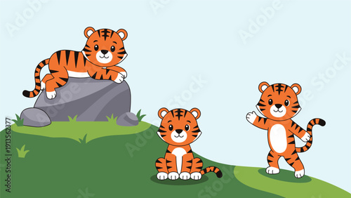 Group of three cute cartoon tiger cubs playing and resting on a green grassy hill under a pale blue summer sky.