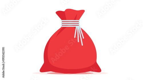 Large red cloth bag tied at the top with a white string standing on a plain white surface with soft grey shadows.