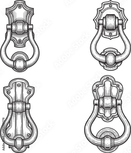 Ornamental Door Knocker Set Vintage Engraving Style Architectural Hardware Decorative Vector Illustration Collection
