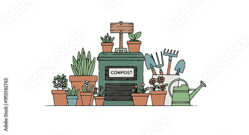 Flat vector illustration of gardening tools with potted plant and compost bin, perfect for home gardening, organic lifestyle, eco sustainability and garden design projects.