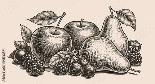 Large set of summer fruit stickers with playful cartoon illustrations of watermelon, papaya, banana, cherry, strawberry and other fresh colorful fruits on orange background