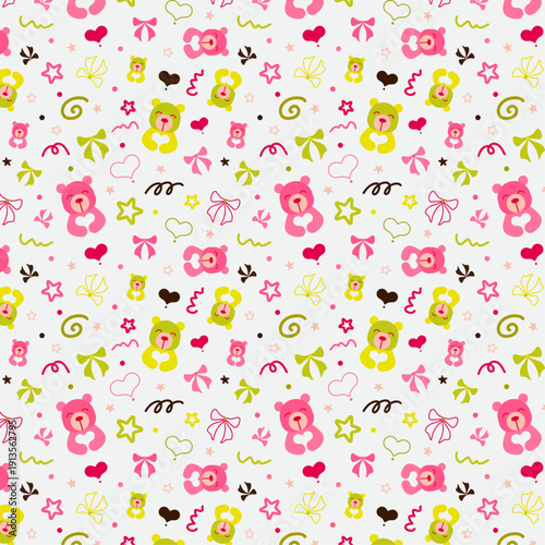 Konstfotografi Neon pink green Bear hold heart illustration pattern on black background