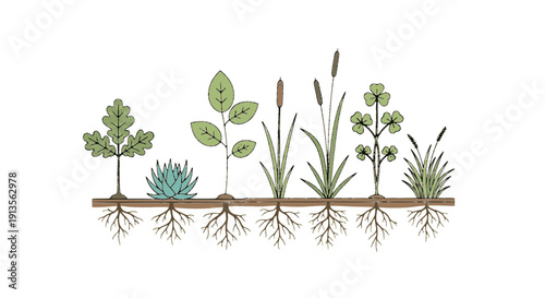 Flat vector set of various plants with visible roots, ideal for botany, education, growth stages, ecology, gardening and nature infographic design.