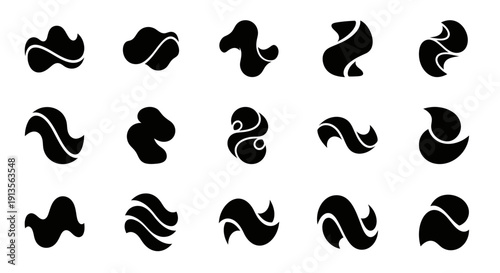 Abstract fluid black shapes set, modern organic design elements collection