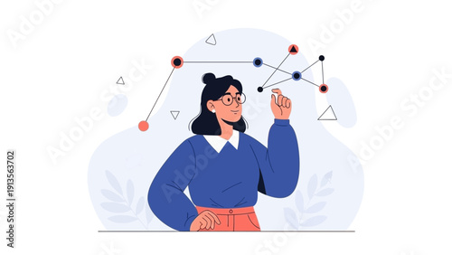 Woman analyzing abstract network connections, data visualization concept