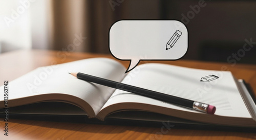 Open Notebook with Pencil and Speech Bubble on Wooden Desk