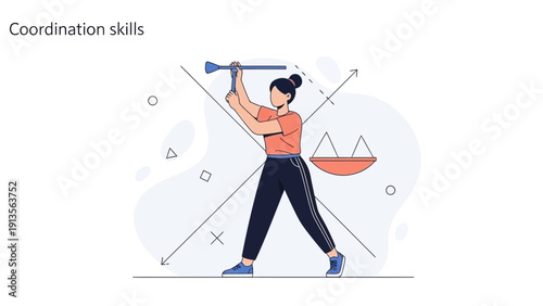 Woman balancing act with scales and arrows, coordination skills concept