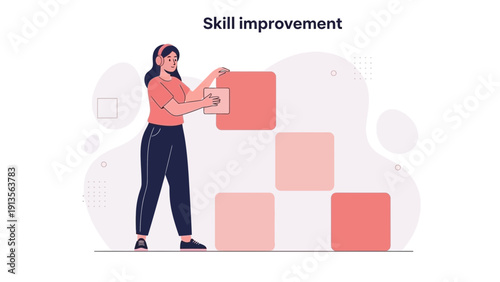 Woman building blocks for skill improvement and personal development concept