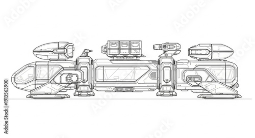 Detailed Sketch of a Futuristic Spaceship Design.