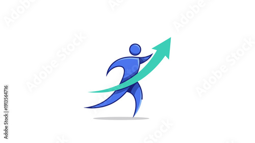 Blue Humanoid Figure Ascending with Green Arrow Symbolizing Growth.