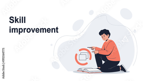 Young man improving skills with book and digital interface, learning concept