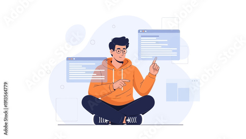 Young man coding on laptop, sitting cross-legged, surrounded by digital interfaces