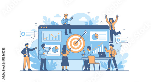 Business team achieving goals with data analysis and strategy.