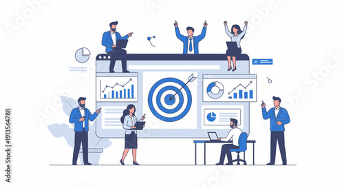 Business team achieving goals with data analysis and target marketing.