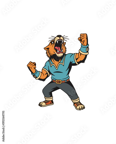 Cartoon tiger illustration celebrating with raised arms isolated