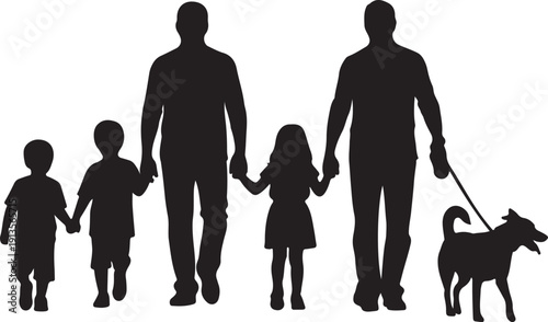 Silhouette of a modern family, two fathers and two children, holding hands while walking their dog on a leash, symbolizing love, unity, and shared outdoor experiences.