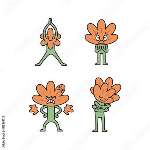 Cartoon characters with flower heads expressing different emotions on white background