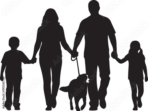 Silhouette of a loving family, parents and two children, holding hands while walking their dog on a leash, embodying togetherness and shared moments outdoors.
