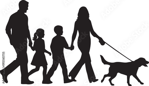 A silhouetted family, including parents, two children, and a dog on a leash, are depicted walking together in a unified stride, symbolizing togetherness and outdoor activity.