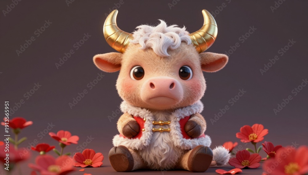 Fototapeta premium Adorable cartoon ox with golden horns and red festive coat sits amongst red flowers