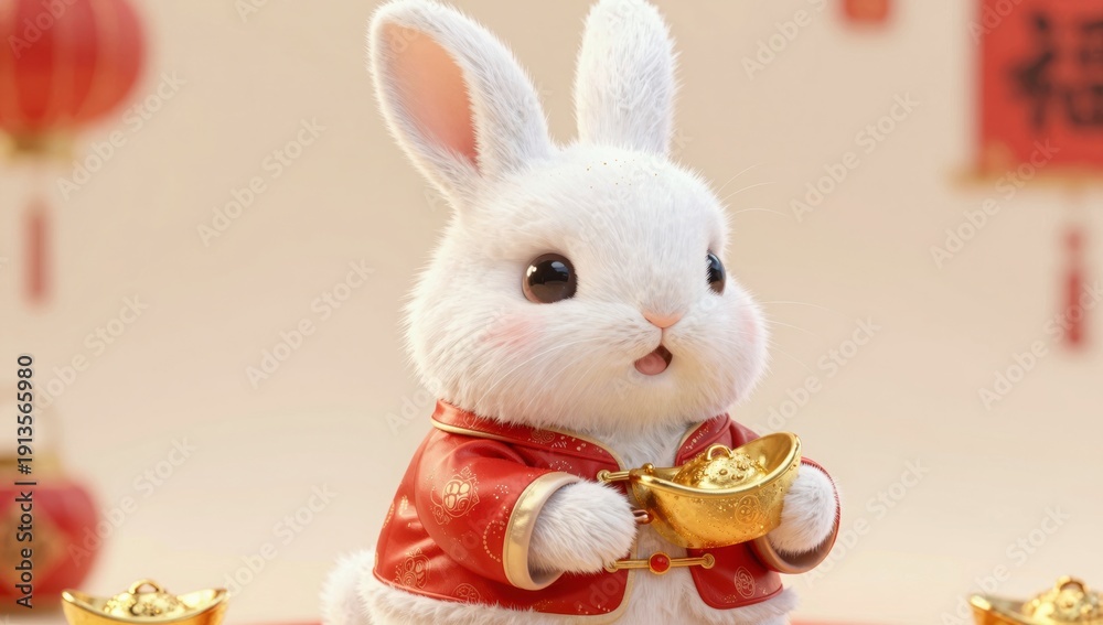 Obraz premium Cute white rabbit in traditional red clothing holding a golden ingot bunny