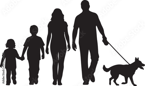 Silhouette of a family of four with a dog on a leash, parents walking with children, symbolizing a happy, active, and complete family unit enjoying an outdoor stroll.
