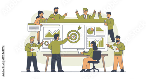 Business team collaborating on a strategy with charts and target board.