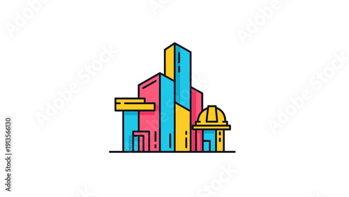 Colorful Abstract Buildings and Construction Helmet Icon.