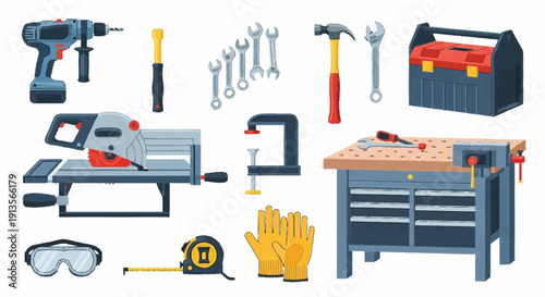 Collection of various tools and equipment arranged on a workbench and surrounding area