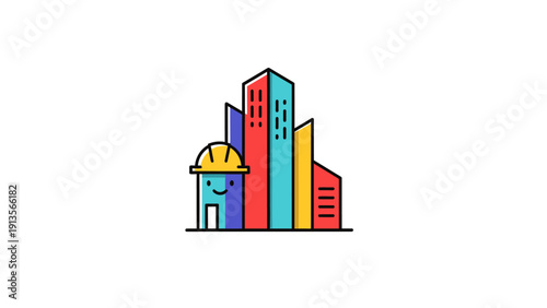 Colorful cartoon illustration of a friendly construction building with a hard hat.