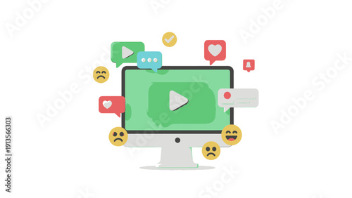 Computer screen displaying video player with social media icons and emojis.