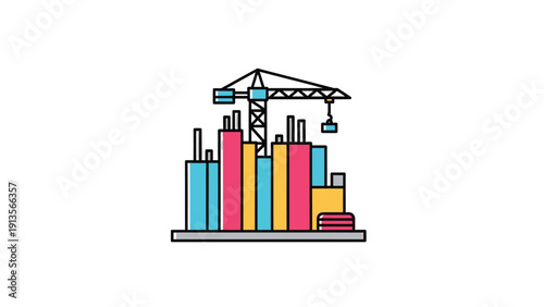 Construction site with crane and colorful buildings under development.