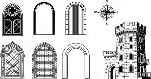 Medieval castle tower vector set, gothic arch windows, stone fortress gate, decorative brick doorways, ancient building elements, and compass rose silhouettes.