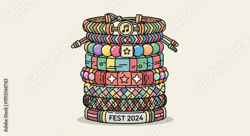 Colorful Festival Wristbands Stacked on White Background FEST 2024