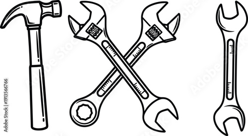 Set of black and white hand drawn tool icons, featuring hammer, adjustable wrenches, crossed spanners, construction equipment, and repair workshop symbols.