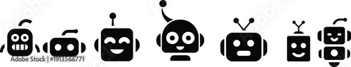 Cute chatbot robot icons set, friendly AI assistant faces, cartoon android mascots, artificial intelligence character vector illustration collection